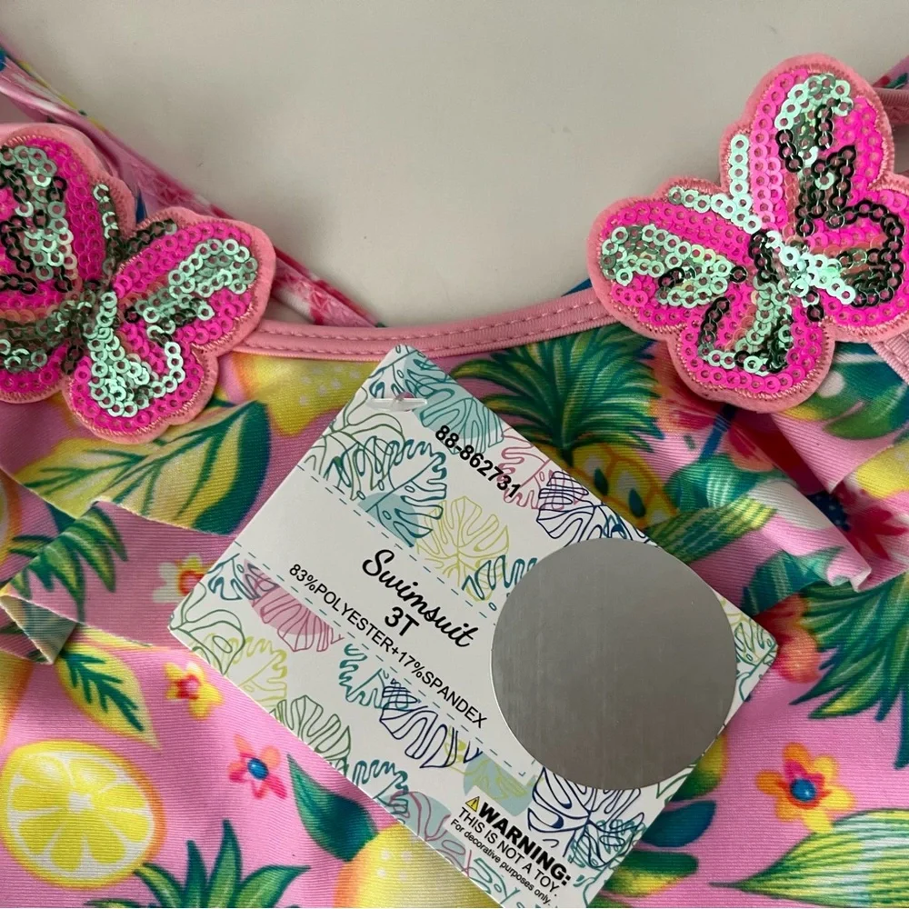 Momentum Brands Toddler Girl Size 3T 1-Piece Pink Floral Swimsuit Ruffle Stretch